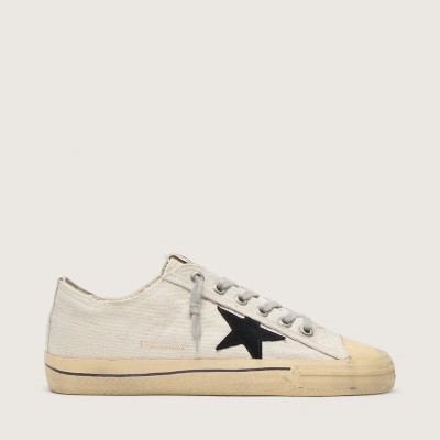 Golden Goose V-Star Sneaker With Black Suede Star And Embroidered Lettering Golden Goose V-Star Sneaker With Black Suede Star And Embroidered Lettering