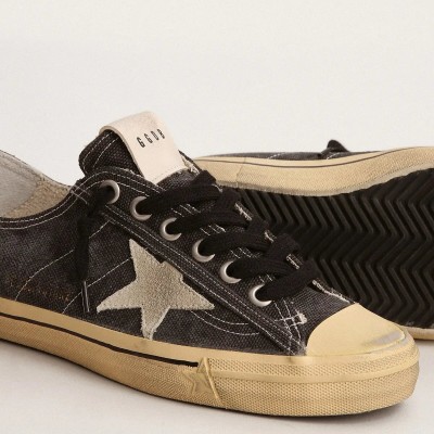 Golden Goose V-Star Sneaker In Black Canvas With Ice-Gray Star And Heel Golden Goose V-Star Sneaker In Black Canvas With Ice-Gray Star And Heel