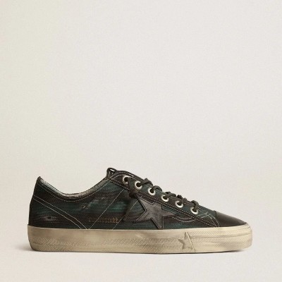 Golden Goose V-Star Sneaker In Black And Green Striped Canvas With Black Leather Star And Toe Golden Goose V-Star Sneaker In Black And Green Striped Canvas With Black Leather Star And Toe
