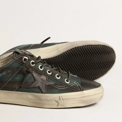 Golden Goose V-Star Sneaker In Black And Green Striped Canvas With Black Leather Star And Toe Golden Goose V-Star Sneaker In Black And Green Striped Canvas With Black Leather Star And Toe