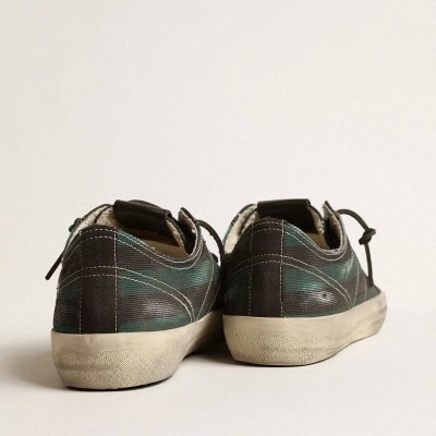 Golden Goose V-Star Sneaker In Black And Green Striped Canvas With Black Leather Star And Toe Golden Goose V-Star Sneaker In Black And Green Striped Canvas With Black Leather Star And Toe