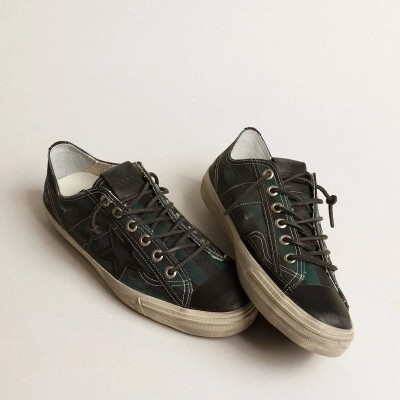 Golden Goose V-Star Sneaker In Black And Green Striped Canvas With Black Leather Star And Toe Golden Goose V-Star Sneaker In Black And Green Striped Canvas With Black Leather Star And Toe