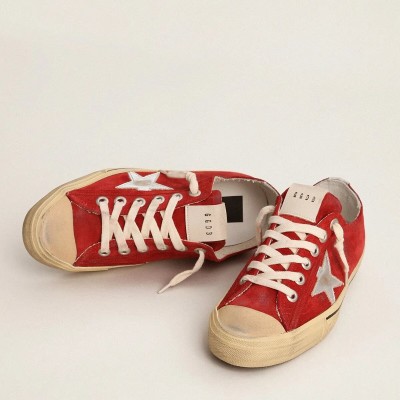 Golden Goose V-Star Sneaker In Dark Red Suede With Silver Star And Heel Tab Golden Goose V-Star Sneaker In Dark Red Suede With Silver Star And Heel Tab