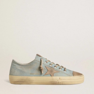 Golden Goose V-Star Sneaker In Light Blue Canvas With Dove-Gray Leather Star Golden Goose V-Star Sneaker In Light Blue Canvas With Dove-Gray Leather Star