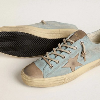 Golden Goose V-Star Sneaker In Light Blue Canvas With Dove-Gray Leather Star Golden Goose V-Star Sneaker In Light Blue Canvas With Dove-Gray Leather Star