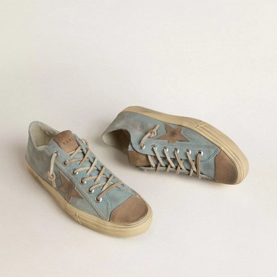 Golden Goose V-Star Sneaker In Light Blue Canvas With Dove-Gray Leather Star Golden Goose V-Star Sneaker In Light Blue Canvas With Dove-Gray Leather Star