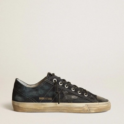 Golden Goose V-Star Sneaker In Midnight-Blue Denim With Black Leather Star And Toe Golden Goose V-Star Sneaker In Midnight-Blue Denim With Black Leather Star And Toe