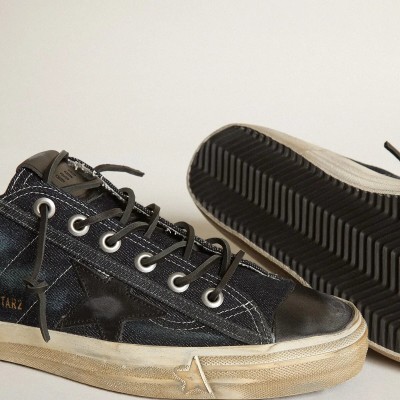 Golden Goose V-Star Sneaker In Midnight-Blue Denim With Black Leather Star And Toe Golden Goose V-Star Sneaker In Midnight-Blue Denim With Black Leather Star And Toe