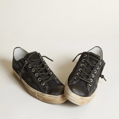 Golden Goose V-Star Sneaker In Midnight-Blue Denim With Black Leather Star And Toe Golden Goose V-Star Sneaker In Midnight-Blue Denim With Black Leather Star And Toe
