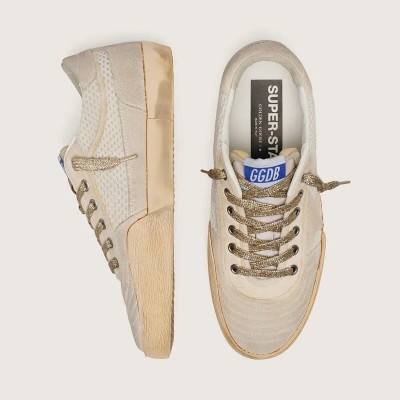 Golden Goose White And Beige Super-Star Lab Sneaker In Mesh And Suede Golden Goose White And Beige Super-Star Lab Sneaker In Mesh And Suede