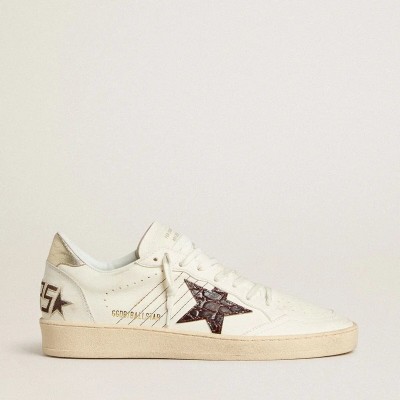 Golden Goose Ball Star Sneaker With Burgundy Croc-Print Leather Star And Gold Heel Tab Golden Goose Ball Star Sneaker With Burgundy Croc-Print Leather Star And Gold Heel Tab