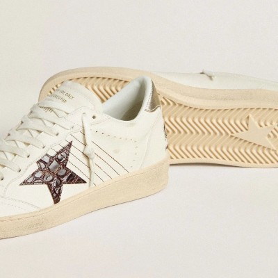 Golden Goose Ball Star Sneaker With Burgundy Croc-Print Leather Star And Gold Heel Tab Golden Goose Ball Star Sneaker With Burgundy Croc-Print Leather Star And Gold Heel Tab
