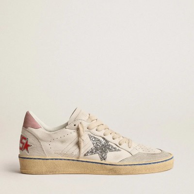 Golden Goose Ball Star Sneaker With Glitter Star And Pink Suede Heel Tab Golden Goose Ball Star Sneaker With Glitter Star And Pink Suede Heel Tab