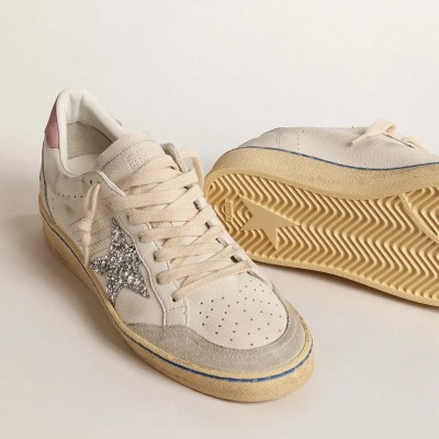 Golden Goose Ball Star Sneaker With Glitter Star And Pink Suede Heel Tab Golden Goose Ball Star Sneaker With Glitter Star And Pink Suede Heel Tab