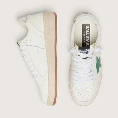 Golden Goose Ball Star Sneaker With Green Leather Star And Metallic Leather Heel Tab Golden Goose Ball Star Sneaker With Green Leather Star And Metallic Leather Heel Tab