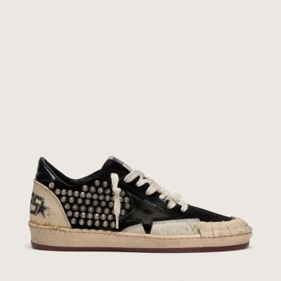 Golden Goose Ball Star Lab Sneaker In Black Suede With Studs And Glossy Black Leather Star Golden Goose Ball Star Lab Sneaker In Black Suede With Studs And Glossy Black Leather Star
