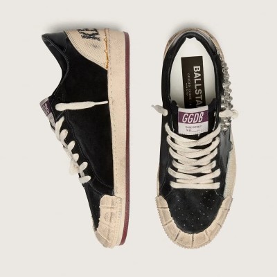 Golden Goose Ball Star Lab Sneaker In Black Suede With Studs And Glossy Black Leather Star Golden Goose Ball Star Lab Sneaker In Black Suede With Studs And Glossy Black Leather Star