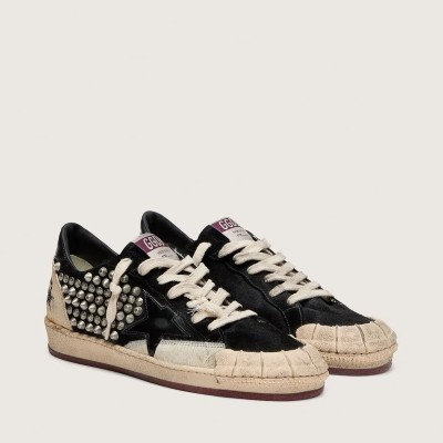 Golden Goose Ball Star Lab Sneaker In Black Suede With Studs And Glossy Black Leather Star