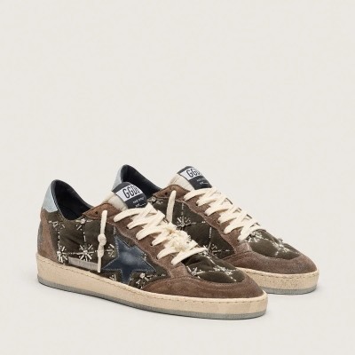 Golden Goose Ball Star Lab Sneaker In Brown Matelass&Eacute; Velvet With Rhinestones And Black Leather Star
