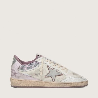 Golden Goose Ball Star Lab Sneaker In White Nylon And Pony Skin With Silver Star And Lilac Inserts Golden Goose Ball Star Lab Sneaker In White Nylon And Pony Skin With Silver Star And Lilac Inserts