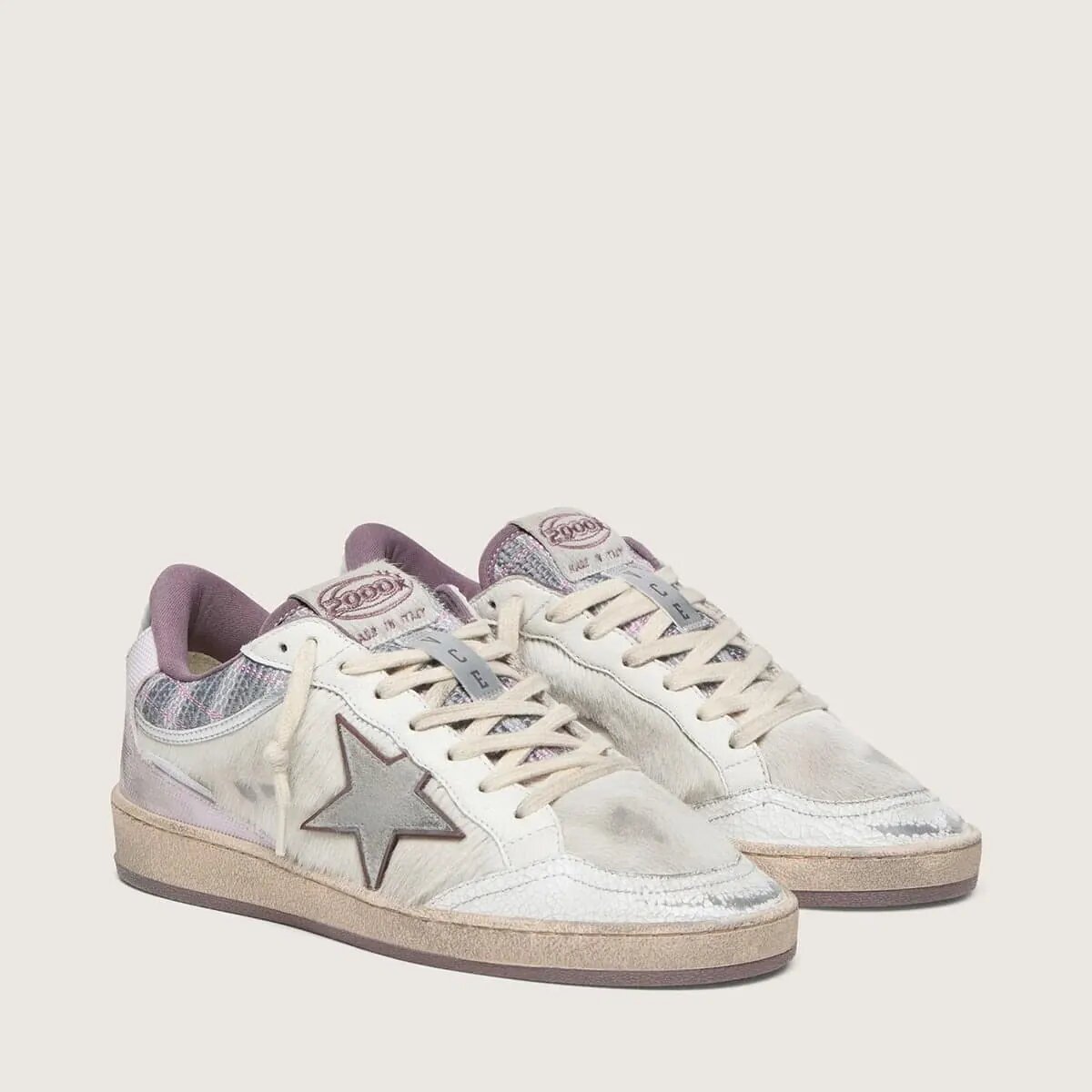 Golden Goose Ball Star Lab Sneaker In White Nylon And Pony Skin With Silver Star And Lilac Inserts Golden Goose Ball Star Lab Sneaker In White Nylon And Pony Skin With Silver Star And Lilac Inserts