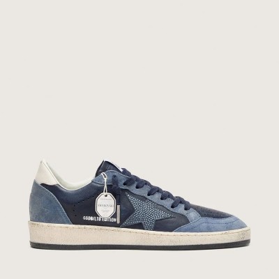 Golden Goose Ball Star Ltd Sneaker In Dark Blue Leather With Light Blue Swarovski Crystal Star And Suede Inserts