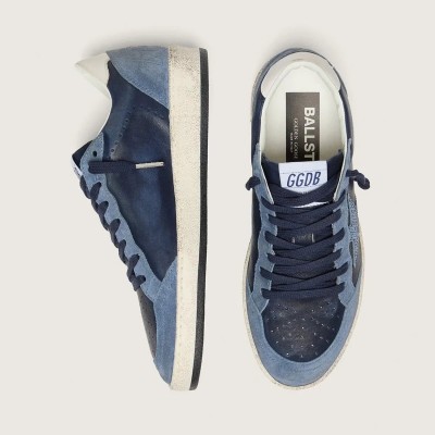 Golden Goose Ball Star Ltd Sneaker In Dark Blue Leather With Light Blue Swarovski Crystal Star And Suede Inserts