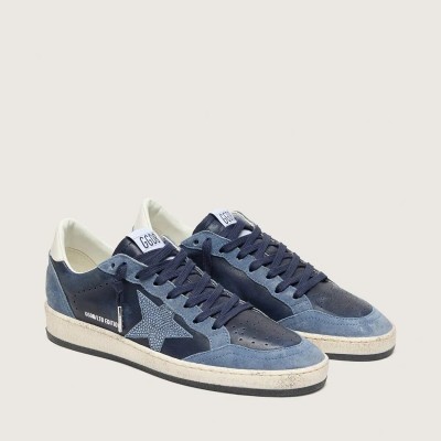 Golden Goose Ball Star Ltd Sneaker In Dark Blue Leather With Light Blue Swarovski Crystal Star And Suede Inserts