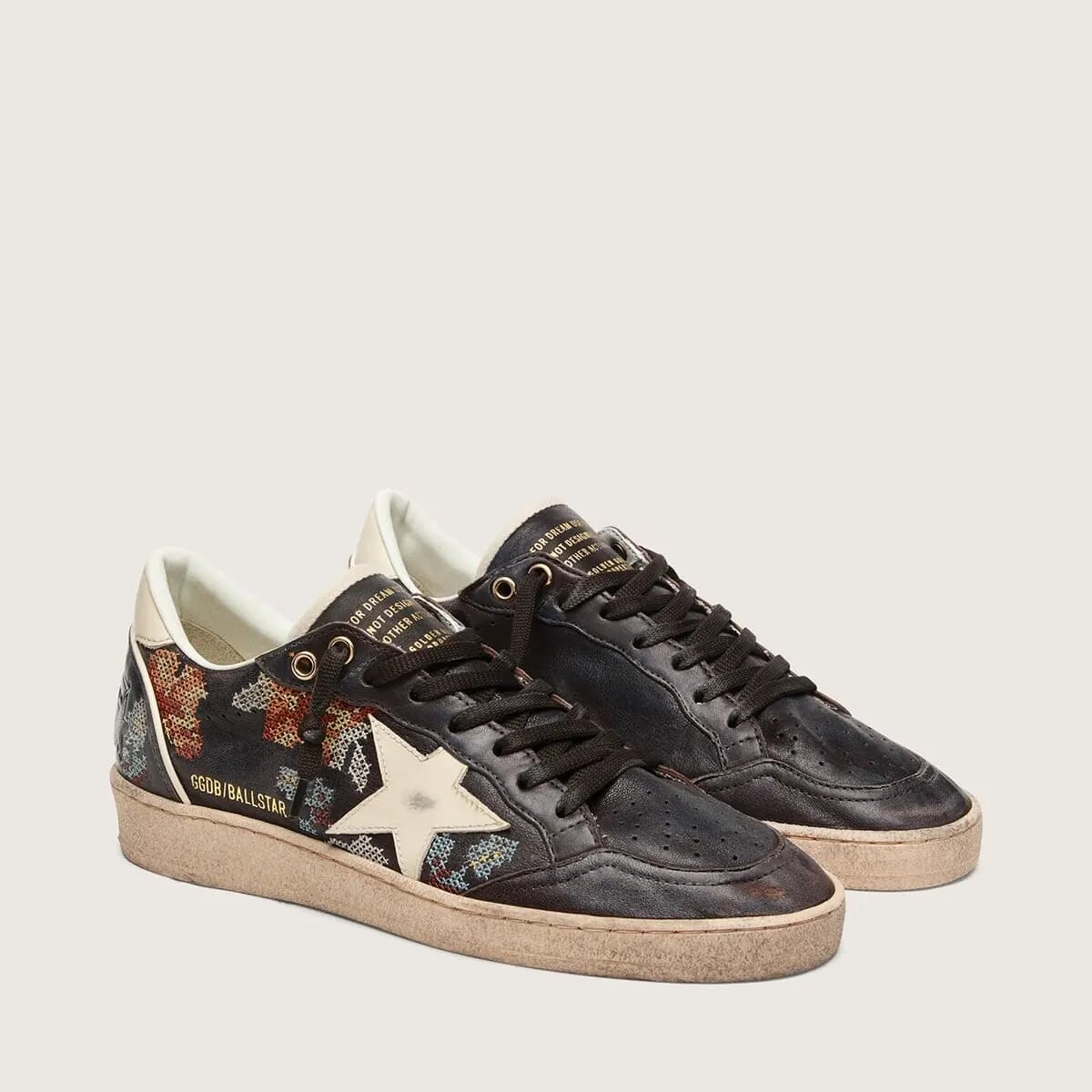 Golden Goose Ball Star Ltd Sneaker In Ebony Nappa With Multicolor Embroidery And White Star Golden Goose Ball Star Ltd Sneaker In Ebony Nappa With Multicolor Embroidery And White Star