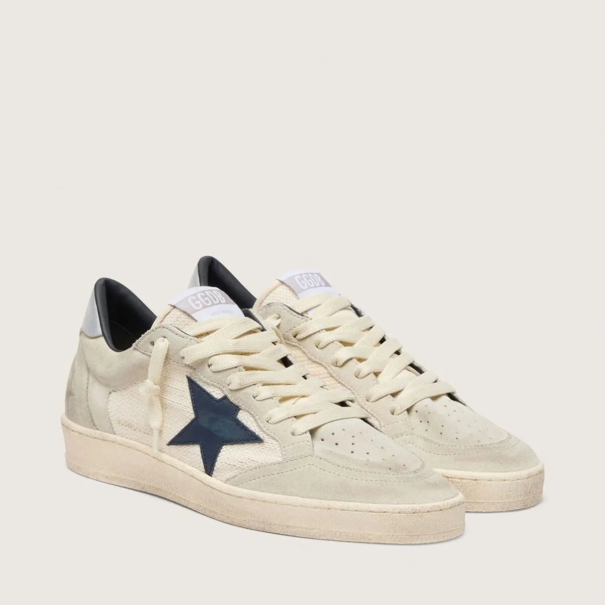 Golden Goose Ball Star Ltd Sneaker In Gray Suede With Blue Star And Cream-Colored Crochet Inserts Golden Goose Ball Star Ltd Sneaker In Gray Suede With Blue Star And Cream-Colored Crochet Inserts