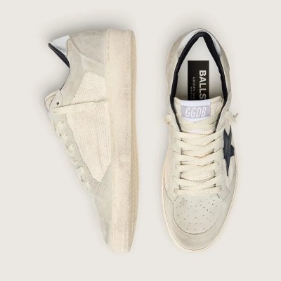 Golden Goose Ball Star Ltd Sneaker In Gray Suede With Blue Star And Cream-Colored Crochet Inserts Golden Goose Ball Star Ltd Sneaker In Gray Suede With Blue Star And Cream-Colored Crochet Inserts
