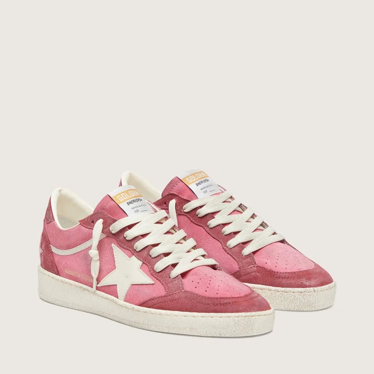 Golden Goose Ball Star Ltd Sneaker In Pink Suede With Cream Leather Star And Red Suede Inserts Golden Goose Ball Star Ltd Sneaker In Pink Suede With Cream Leather Star And Red Suede Inserts