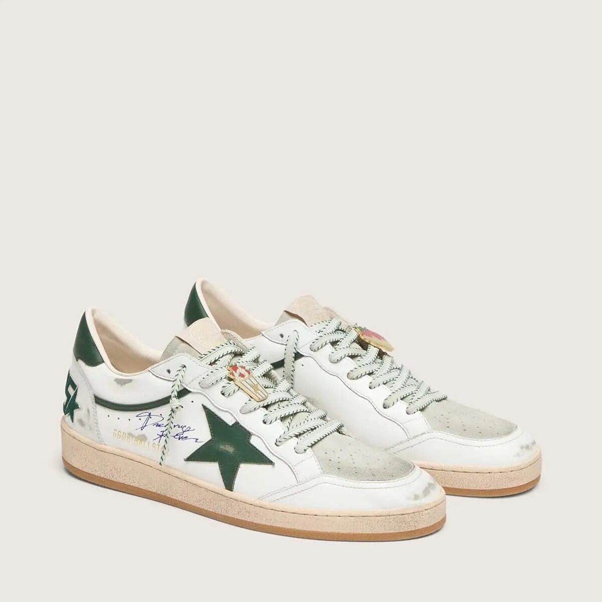 Golden Goose Ball Star Ltd Sneaker In White Leather With Green Star And Skins Golden Goose Ball Star Ltd Sneaker In White Leather With Green Star And Skins