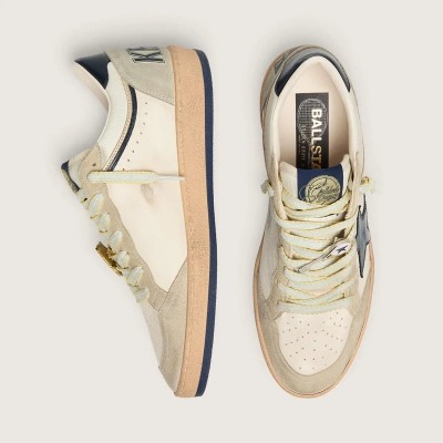 Golden Goose Ball Star Ltd Sneaker In White Leather And Light Grey Suede With Dark Blue Star Skins Golden Goose Ball Star Ltd Sneaker In White Leather And Light Grey Suede With Dark Blue Star Skins