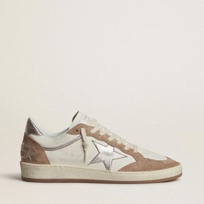 Golden Goose Ball Star Ltd Sneaker In White Nappa Leather And Old Rose Suede With Metallic Silver Leather Star And Heel Tab Golden Goose Ball Star Ltd Sneaker In White Nappa Leather And Old Rose Suede With Metallic Silver Leather Star And Heel Tab