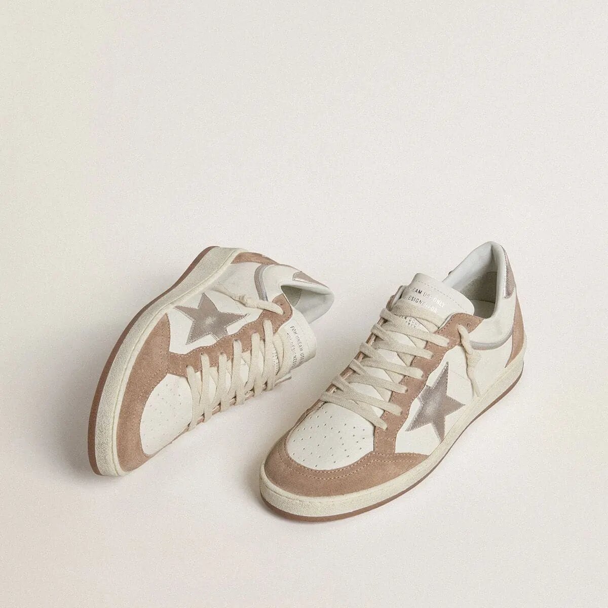 Golden Goose Ball Star Ltd Sneaker In White Nappa Leather And Old Rose Suede With Metallic Silver Leather Star And Heel Tab Golden Goose Ball Star Ltd Sneaker In White Nappa Leather And Old Rose Suede With Metallic Silver Leather Star And Heel Tab