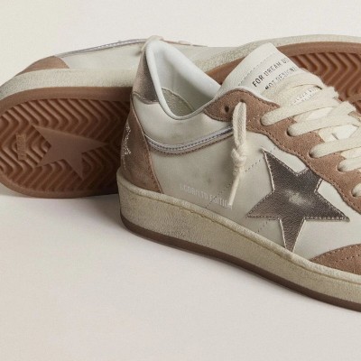 Golden Goose Ball Star Ltd Sneaker In White Nappa Leather And Old Rose Suede With Metallic Silver Leather Star And Heel Tab Golden Goose Ball Star Ltd Sneaker In White Nappa Leather And Old Rose Suede With Metallic Silver Leather Star And Heel Tab