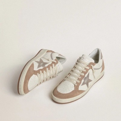 Golden Goose Ball Star Ltd Sneaker In White Nappa Leather And Old Rose Suede With Metallic Silver Leather Star And Heel Tab