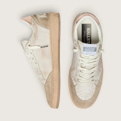 Golden Goose Ball Star Sneaker With Pink Suede Star And Silver Glitter Edges And Rose Gold Heel Tab Golden Goose Ball Star Sneaker With Pink Suede Star And Silver Glitter Edges And Rose Gold Heel Tab
