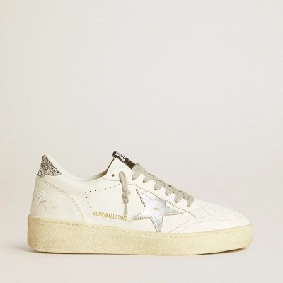 Golden Goose Ball Star Sneaker With Silver Leather Star And Silver Glitter Heel Tab