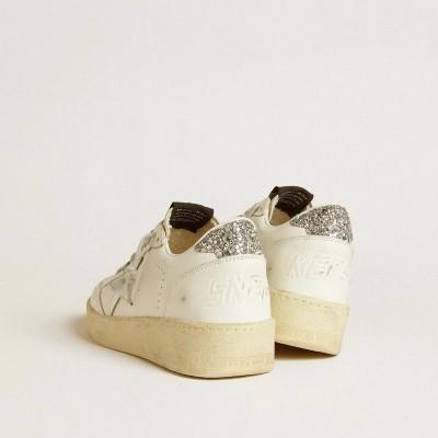 Golden Goose Ball Star Sneaker With Silver Leather Star And Silver Glitter Heel Tab