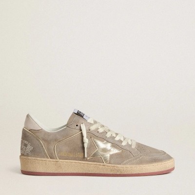 Golden Goose Ball Star Sneaker In Beige Suede With Gold Metallic Leather Star And Bead Lettering Golden Goose Ball Star Sneaker In Beige Suede With Gold Metallic Leather Star And Bead Lettering