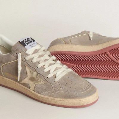 Golden Goose Ball Star Sneaker In Beige Suede With Gold Metallic Leather Star And Bead Lettering Golden Goose Ball Star Sneaker In Beige Suede With Gold Metallic Leather Star And Bead Lettering