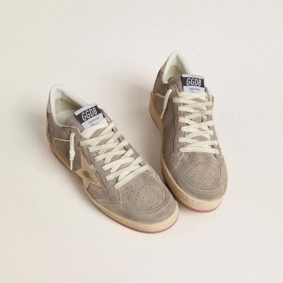 Golden Goose Ball Star Sneaker In Beige Suede With Gold Metallic Leather Star And Bead Lettering