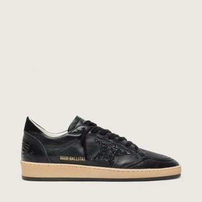Golden Goose Ball Star Sneaker In Black Nappa With Black Glitter Star And Suede Heel Tab
