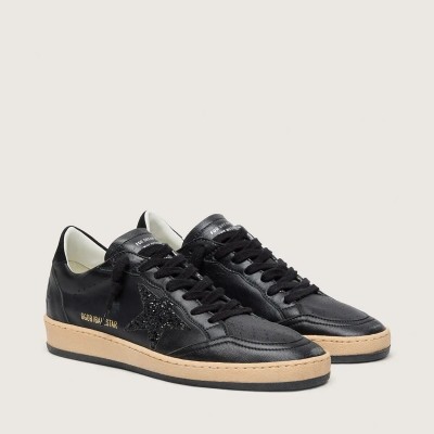 Golden Goose Ball Star Sneaker In Black Nappa With Black Glitter Star And Suede Heel Tab