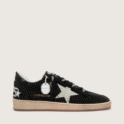 Golden Goose Ball Star Sneaker In Black Suede With White Star And Swarovski Crystals Golden Goose Ball Star Sneaker In Black Suede With White Star And Swarovski Crystals