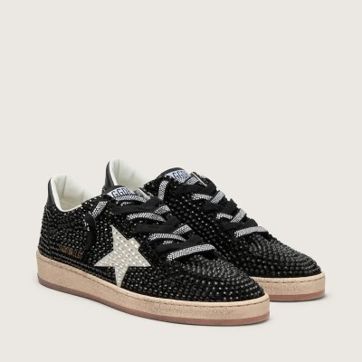 Golden Goose Ball Star Sneaker In Black Suede With White Star And Swarovski Crystals Golden Goose Ball Star Sneaker In Black Suede With White Star And Swarovski Crystals