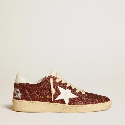 Golden Goose Ball Star Sneaker In Burgundy Glitter With White Leather Star And Heel Tab Golden Goose Ball Star Sneaker In Burgundy Glitter With White Leather Star And Heel Tab