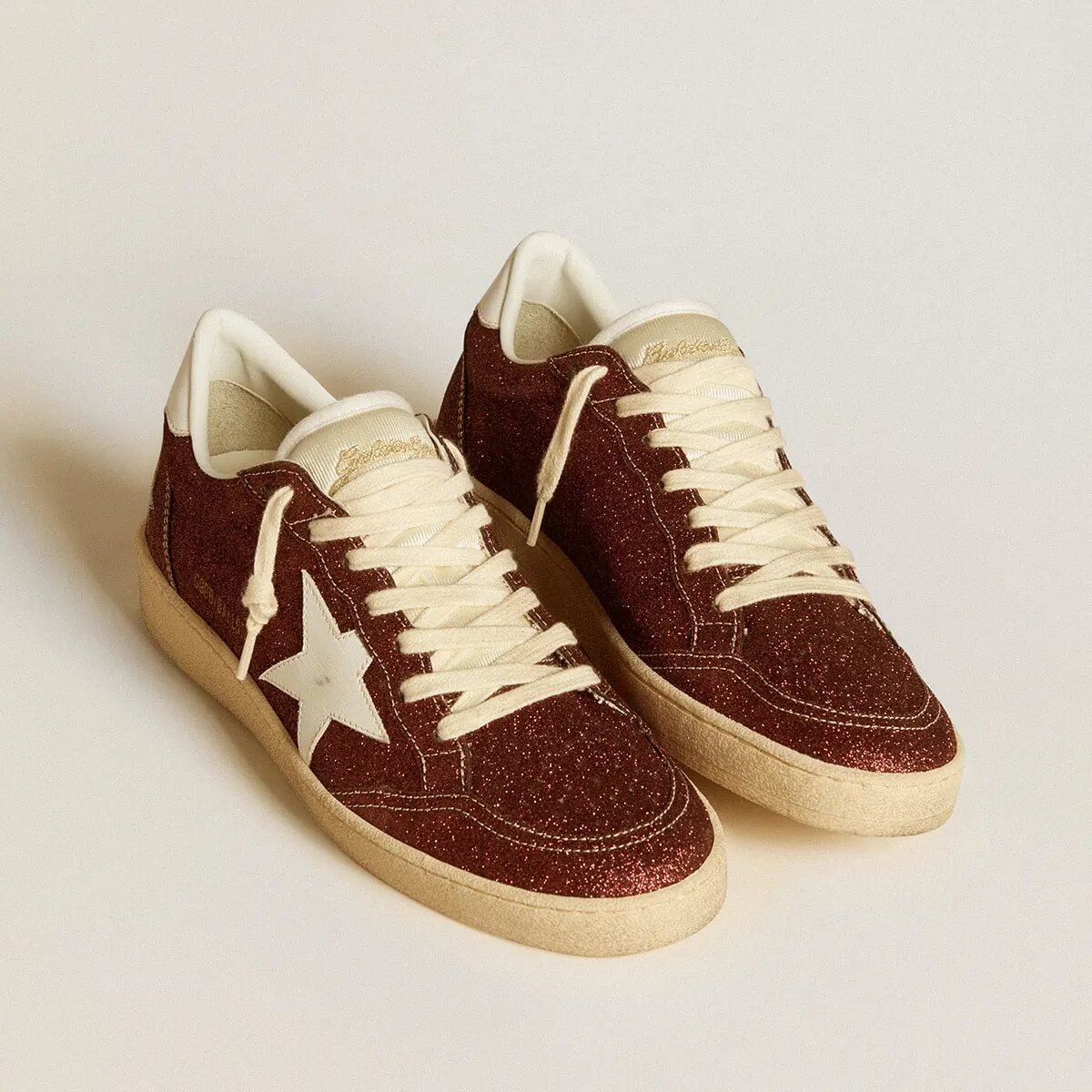 Golden Goose Ball Star Sneaker In Burgundy Glitter With White Leather Star And Heel Tab Golden Goose Ball Star Sneaker In Burgundy Glitter With White Leather Star And Heel Tab